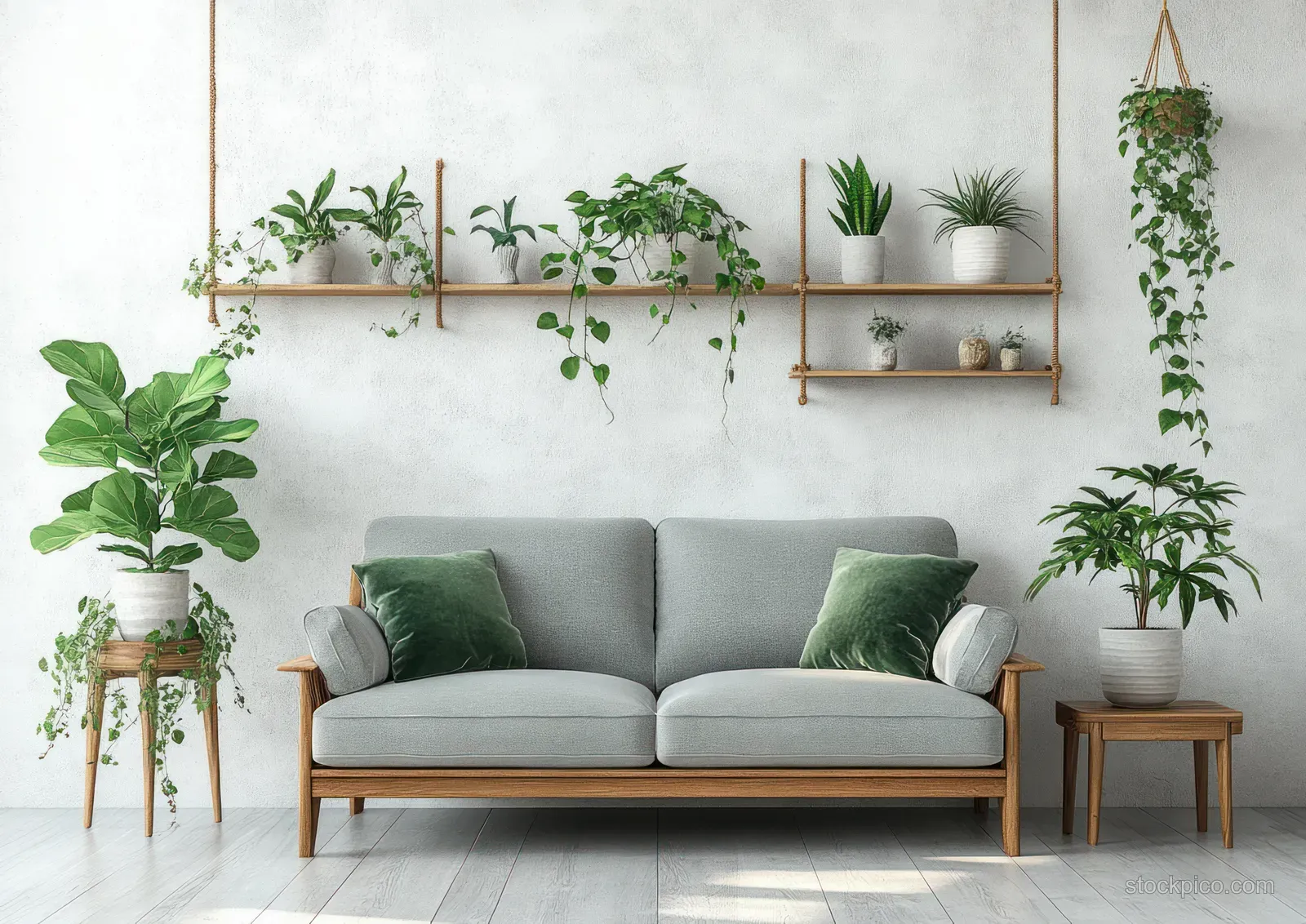 Gray sofa with green cushions in a Scandinavian living room with potted plants on wooden wall shelves.