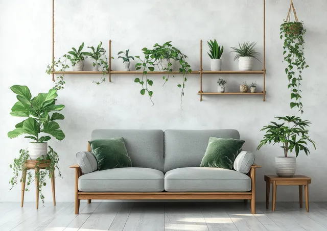 Scandinavian living room with gray sofa, green cushions, and potted plants on wall shelves
