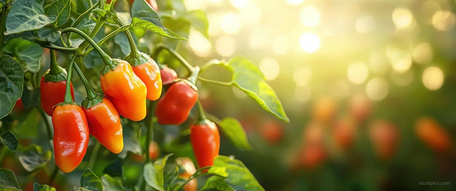 Orange and red chili peppers hang from green leaves in a sunlit garden with blurred green bokeh background.