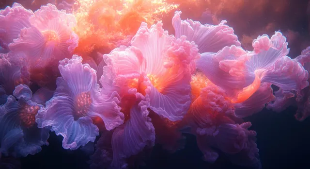 Glowing microscopic protozoan cells float in a misty blue-orange underwater lab environment.