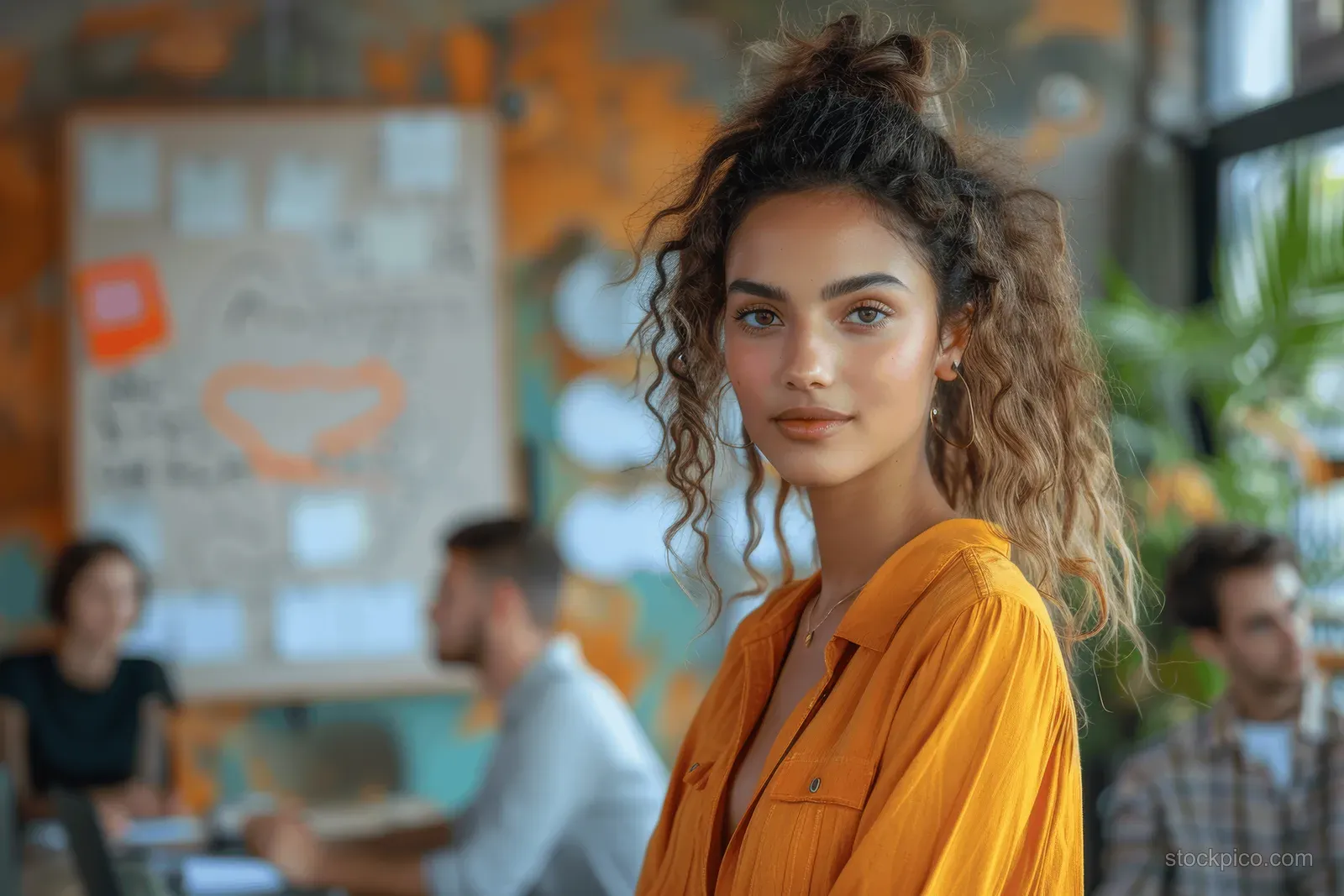 Woman leader in an orange blouse presents a project plan to colleagues in a boardroom meeting.