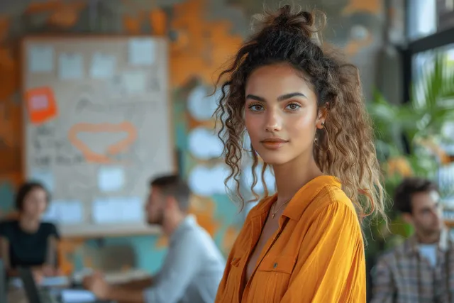 Woman leader in an orange blouse presents a project plan to colleagues in a boardroom meeting.