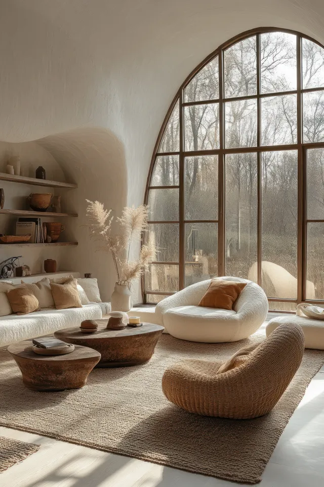 Neutral sofa and woven cushions in a sunlit Scandinavian living room beside an arched window.