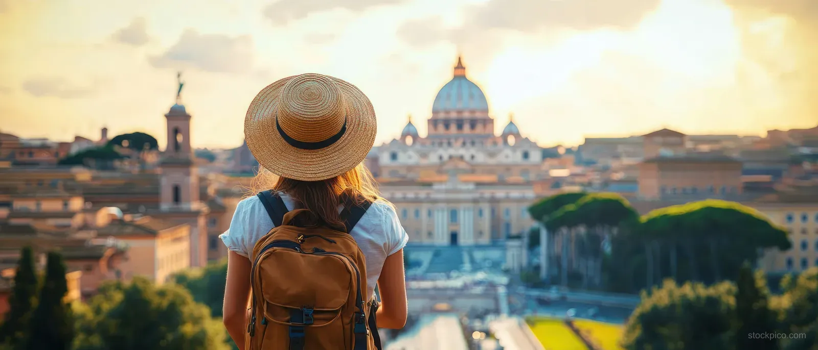Back view of a woman with a straw hat and backpack overlooking a domed historic city at sunset.