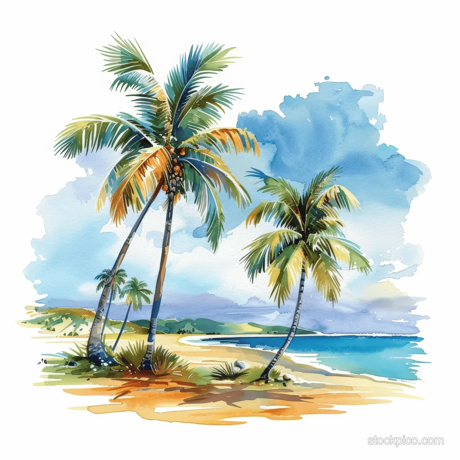 Cartoon watercolor palm trees on a sunny sandy beach beside a calm blue ocean under a soft cloudy sky.