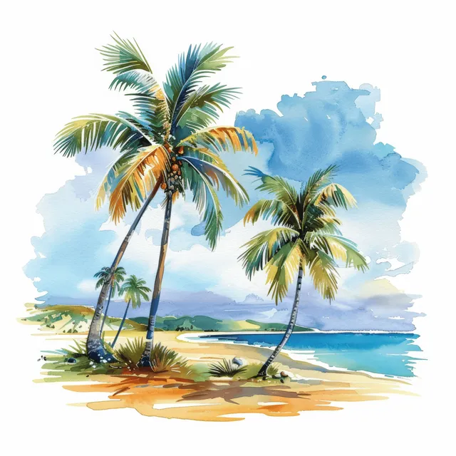 Cartoon watercolor palm trees on a sunny sandy beach beside a calm blue ocean under a soft cloudy sky.