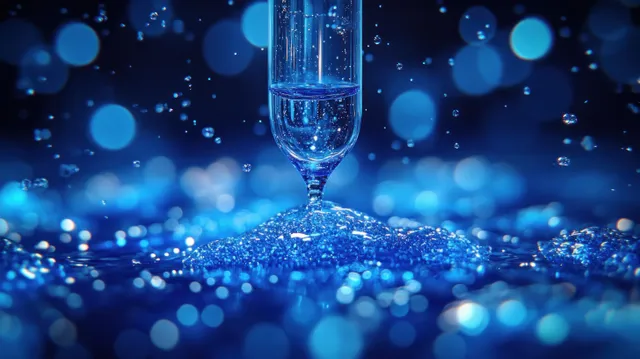 Glass pipette tip pours blue liquid into a test tube while droplets sparkle under lab lighting.