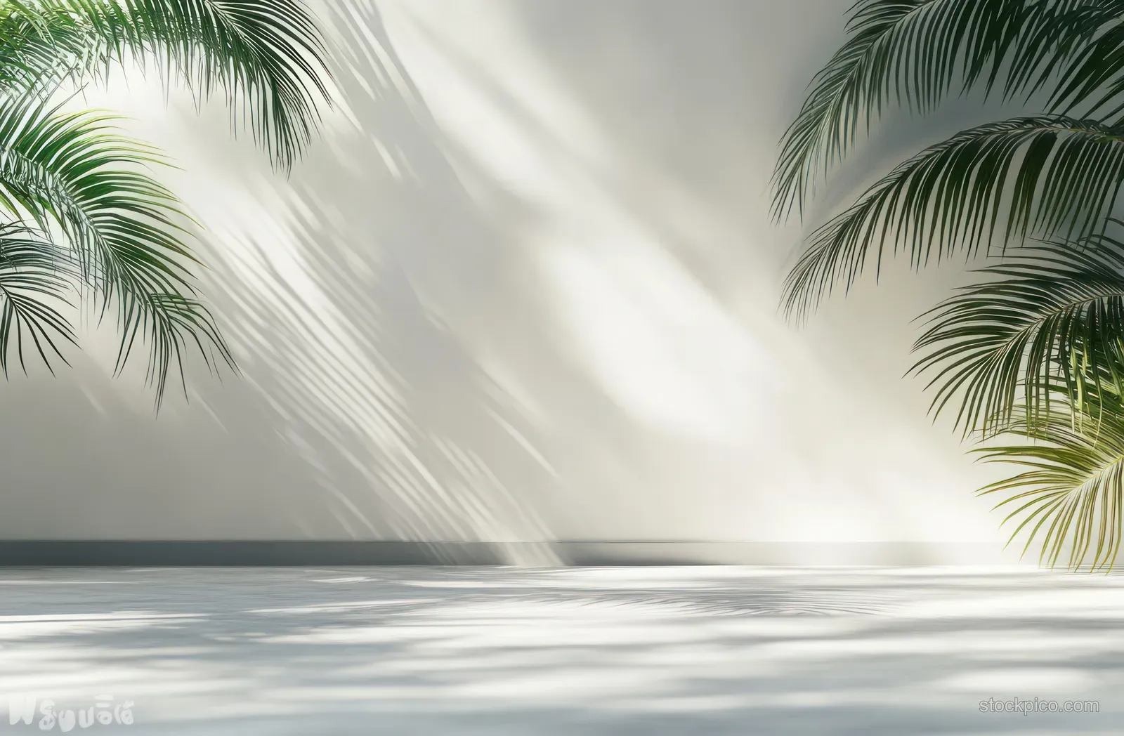 Minimal white wall and floor interior with palm-leaf shadow patterns and soft sunlight filling the scene.