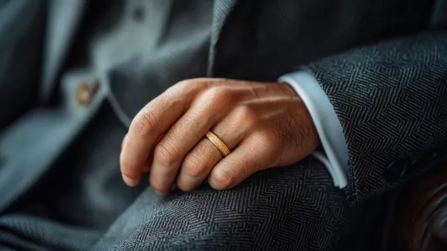 Man’s hand with a gold ring rests on his knee beneath a dark textured suit sleeve cuff.