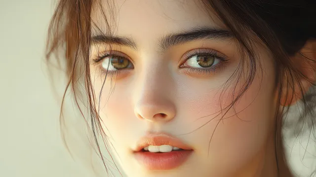 A serene portrait of an Asian woman with delicate features illuminated by warm natural light.