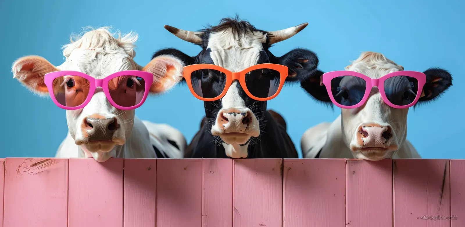 Playful cartoon cows with colorful sunglasses and cheerful expressions sit behind a pink table against a bright blue background.