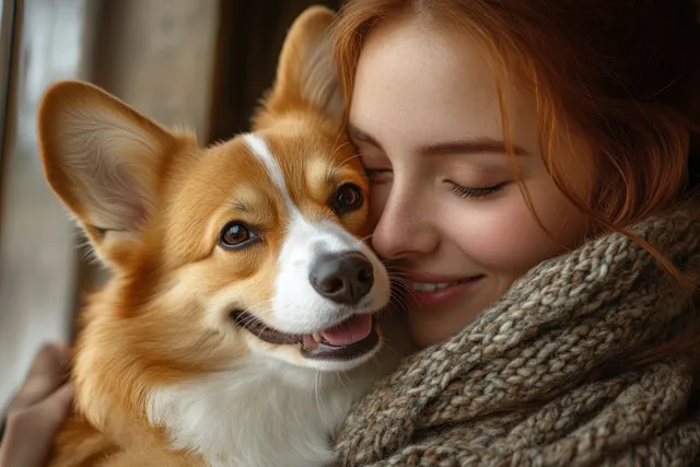 A woman cradles a corgi close to her chest in a veterinary clinic with warm natural light.