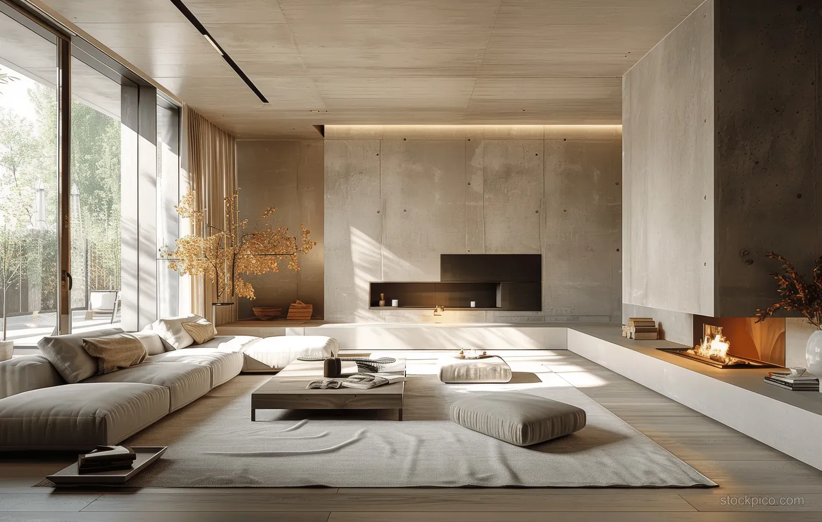 Minimalist living room with beige sectional seating, concrete walls, and a fireplace glowing in the background.