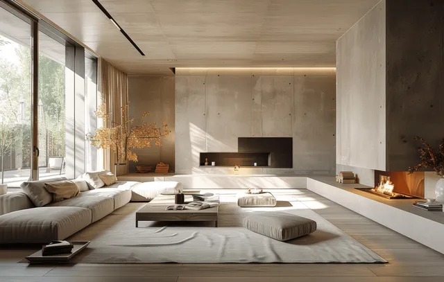 Minimalist living room with beige sectional seating, concrete walls, and a fireplace glowing in the background.