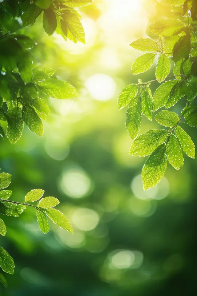 Green leaves in morning sunlight with dew sparkle and a softly blurred light-filled background.