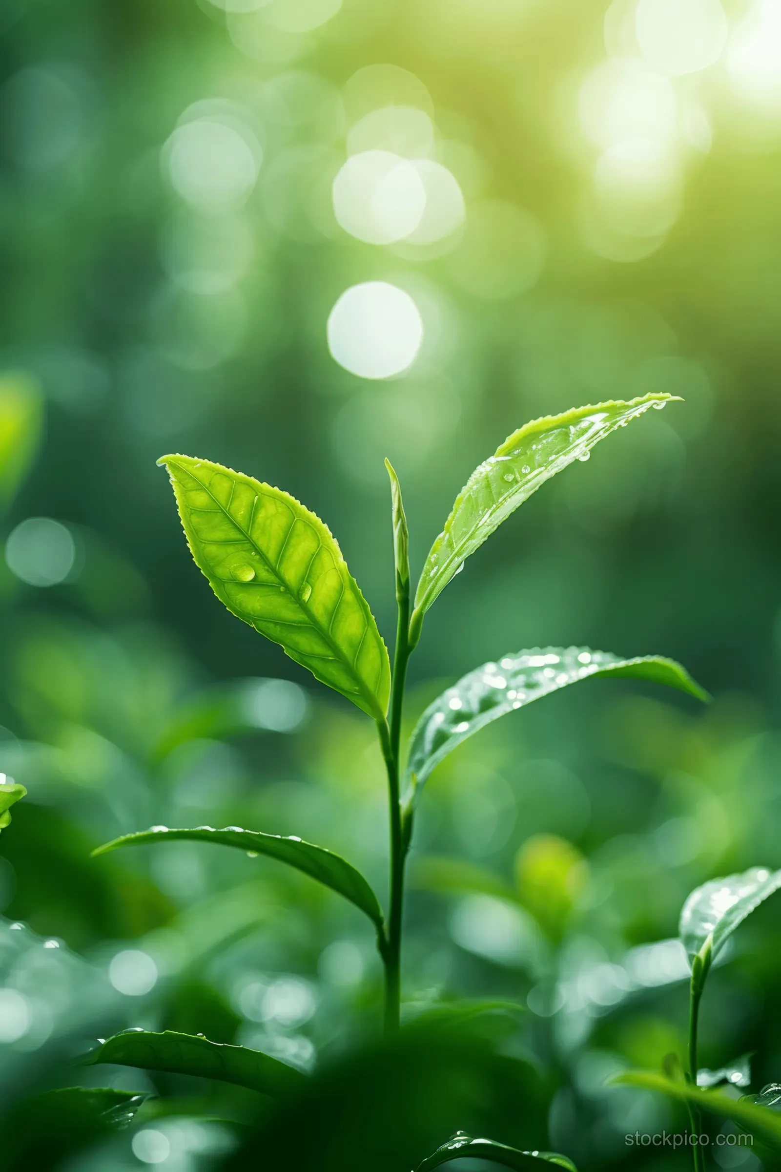 Fresh green tea shoots with dewdrops on leaves in a sunlit plantation, blurred green bokeh background.