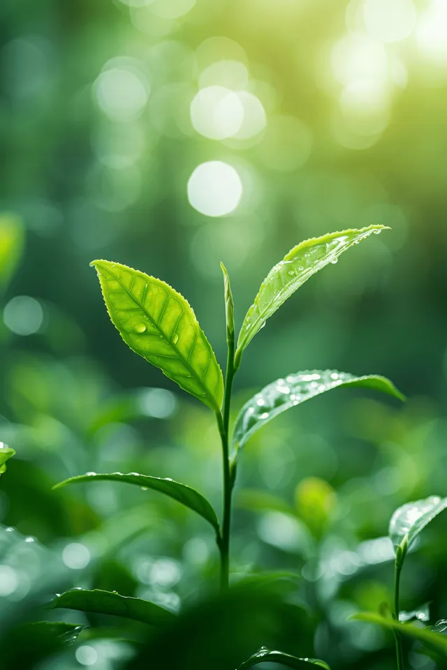 Fresh green tea shoots in sunlit plantation with dewdrops and soft bokeh background