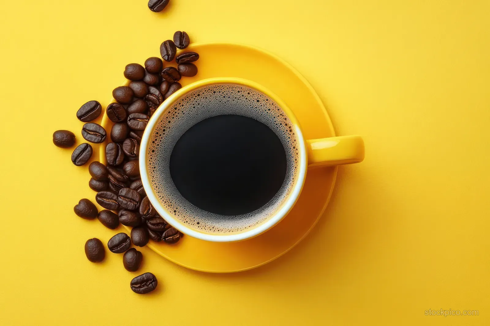 Yellow cup filled with black coffee on a bright background with scattered coffee beans around it.