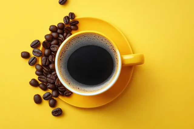 Yellow coffee cup of black espresso with scattered beans on bright minimalist background
