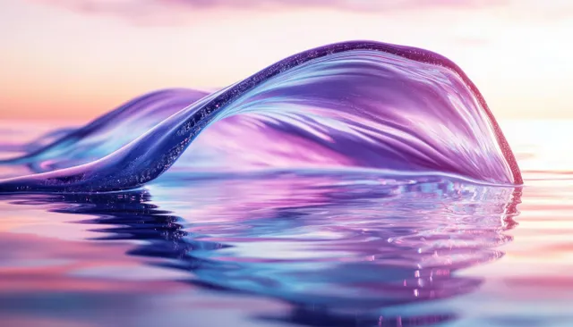 Translucent wave crest with vivid purple, pink, and blue reflections gliding over calm water at sunset.
