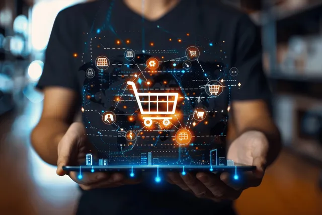 A shopper’s tablet shows a glowing cart with discount and delivery icons in an online shopping interface.