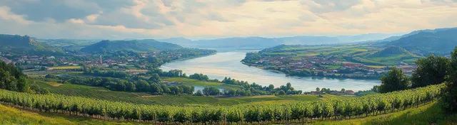 Impressionist panorama of a green vineyard valley with a winding river and soft clouds.
