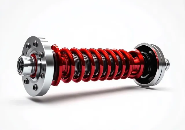 Red and silver metal coil spring suspension component isolated on white background
