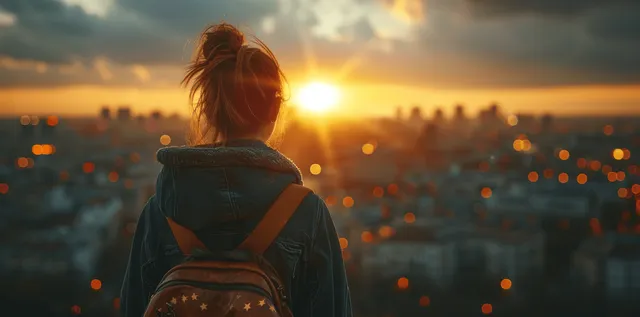 Silhouetted woman on a rooftop watching sunrise over a European city with glowing bokeh and an EU stars emblem.