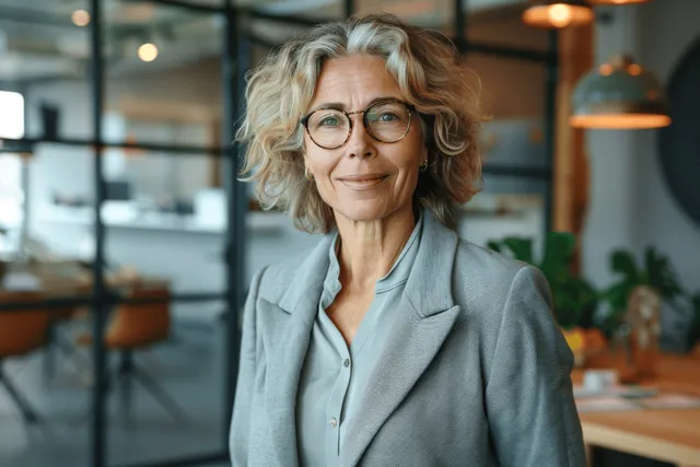 Senior businesswoman smiling inside a glass-walled corporate office wearing a blazer and glasses.