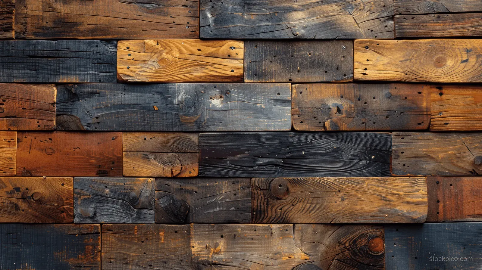 Weathered wooden plank wall with mixed brown and dark boards, visible grain, knots, and plank seams.