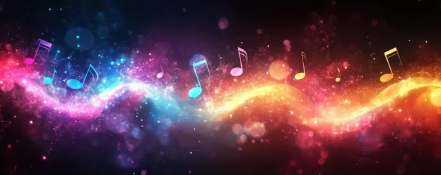 Neon abstract sound waves with floating musical notes and colorful bokeh lighting glow over a dark background.
