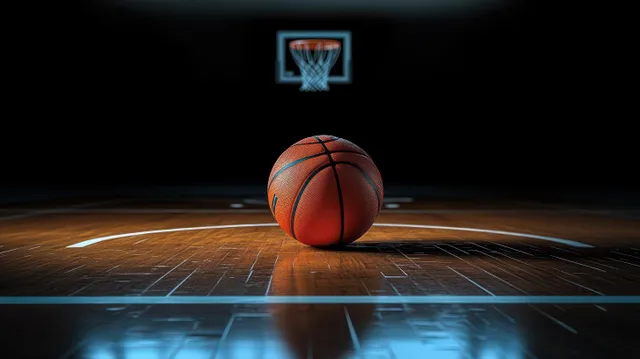 Orange basketball resting on hardwood center court under focused dim indoor lighting
