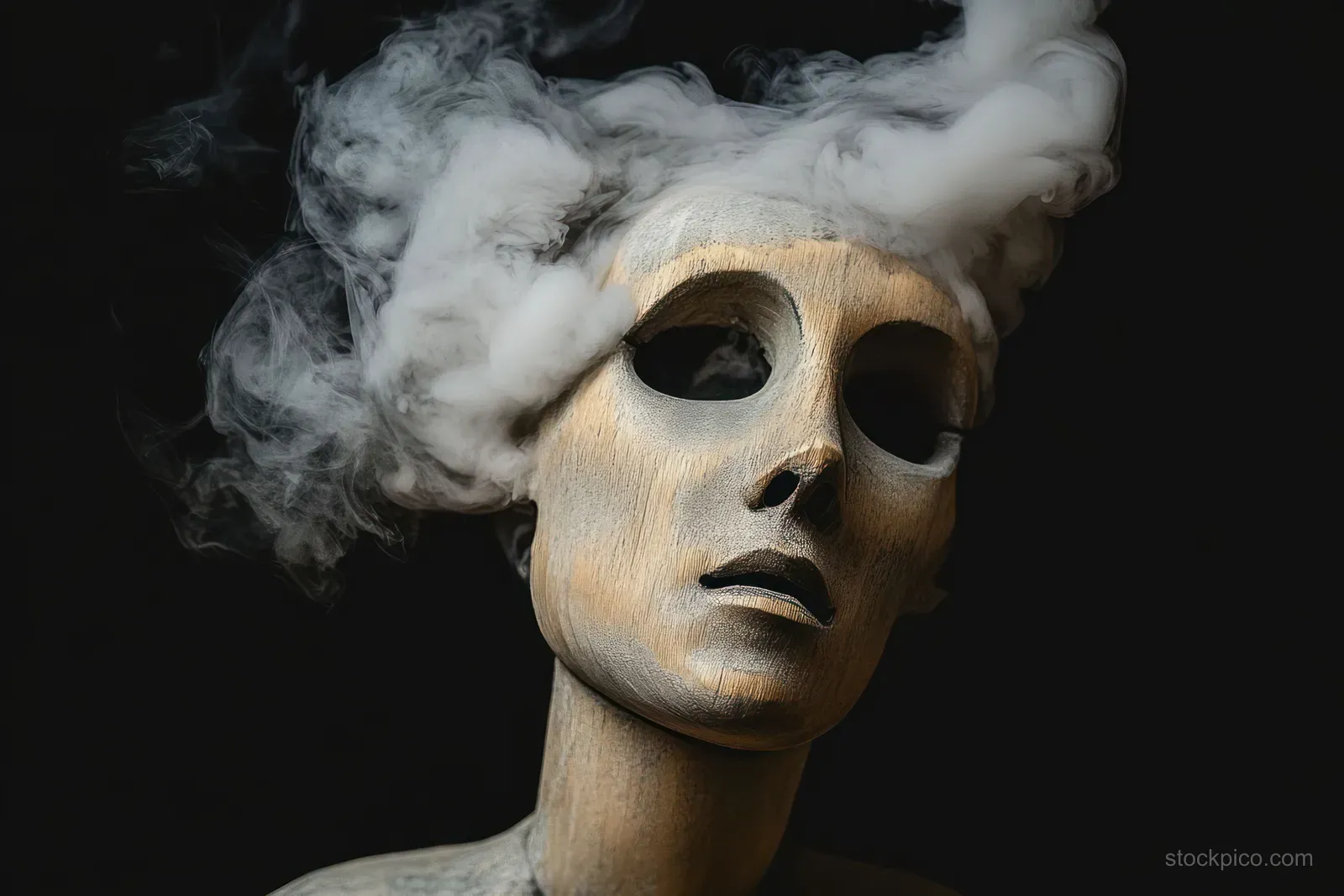 Wooden mannequin head with hollow eyes surrounded by swirling white smoke on a black background.