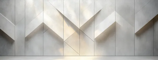 Minimalist white geometric wall with zigzag panel seams and soft spotlight shadows.