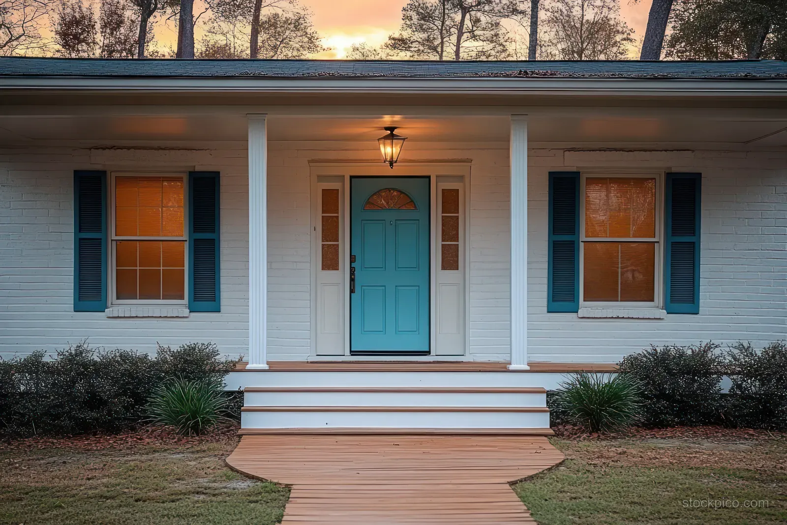 A white brick house entrance at sunset with teal front door, blue shutters, lit porch light, and wooden steps.