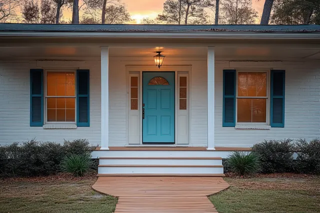 White brick house entrance at sunset with teal door, lit porch light, and wooden steps