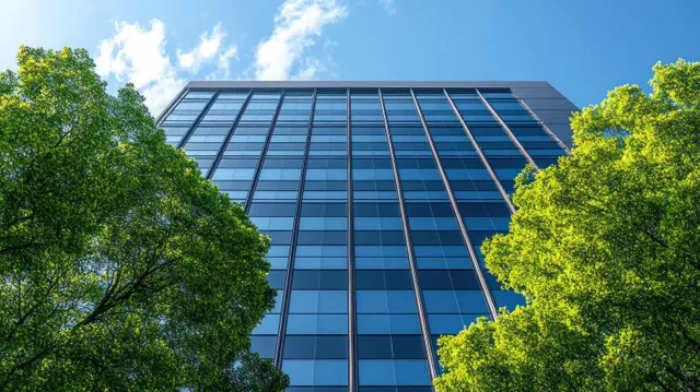 Upward view of a modern glass office tower with blue reflections framed by leafy green trees in clear daylight.