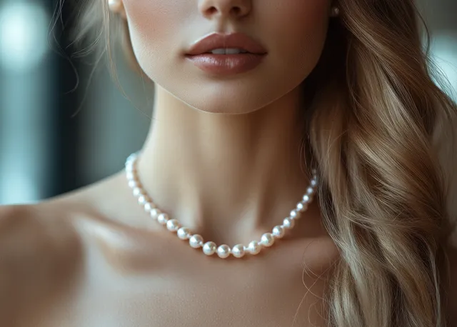 Elegant woman wearing pearl necklace and gold ring indoors with soft, bright window light