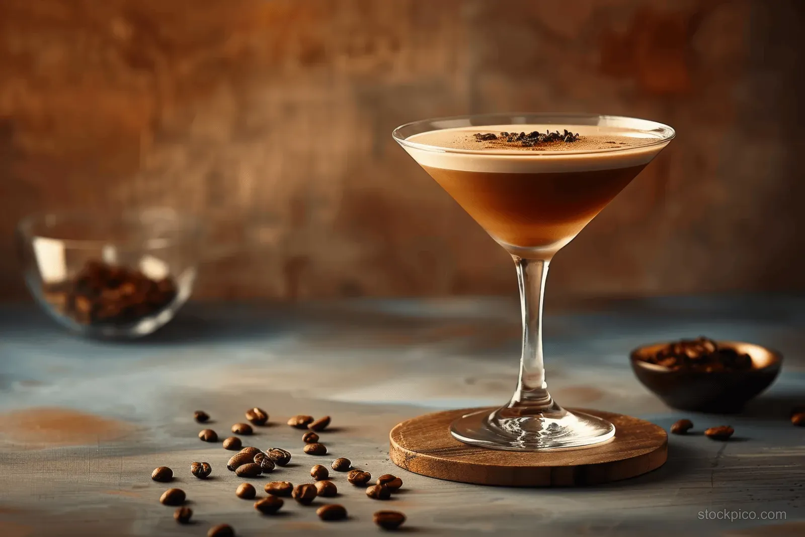 Espresso martini in a coupe glass on a bar counter with scattered coffee beans and warm background lighting.