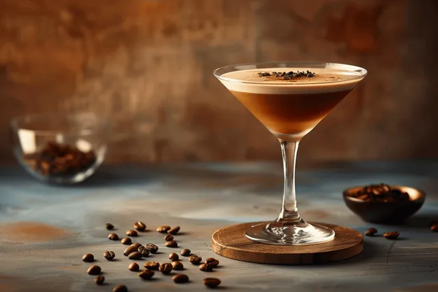 Espresso martini cocktail in coupe glass with coffee beans on wooden bar counter with Shallow Depth Of Field