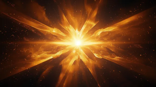 Golden light burst rays radiate from a glowing center with dark abstract geometric glow