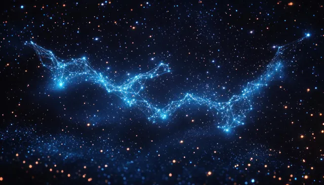 Glowing blue connected stars form a constellation across a dark starry night sky.