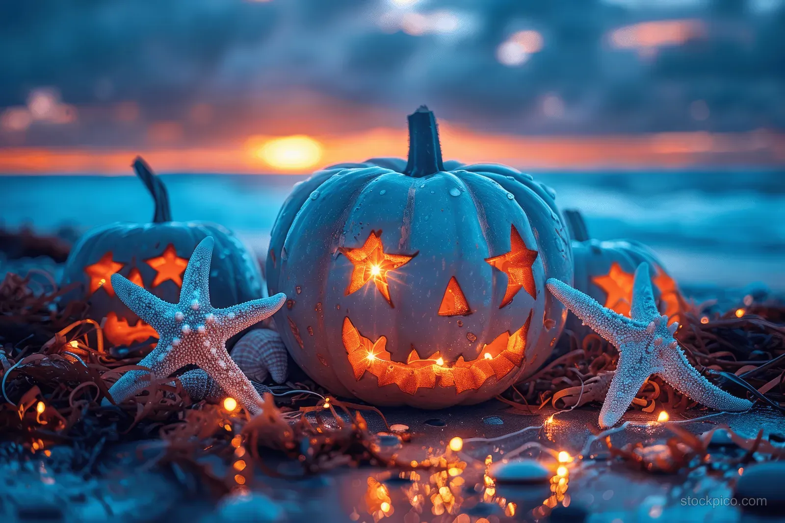 Carved glowing jack-o'-lantern sits on wet beach sand with starfish and seashells at sunset.