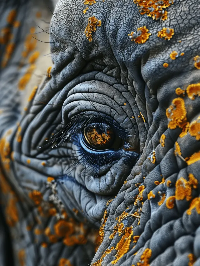 Elephant eye close-up revealing textured skin and lichen speckles