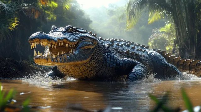 A giant crocodile lunges from a misty jungle river with jaws open and sunlight rays filtering through leaves.