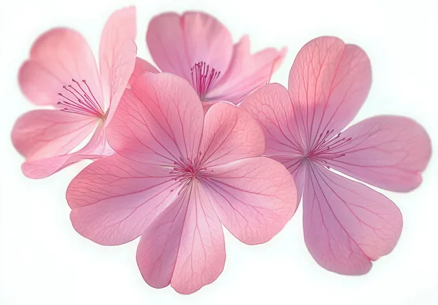Macro close-up of pale pink translucent blossoms on white with delicate vein detail