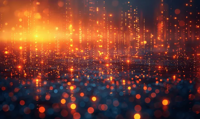 Neon futuristic skyline with blue and orange light streaks and floating glowing particles over a dark city background.