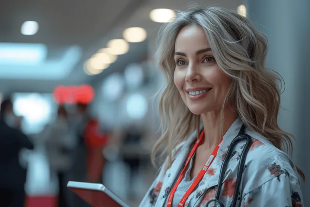 Doctor in a clinic corridor holding a clipboard with out-of-focus hospital lights behind her.