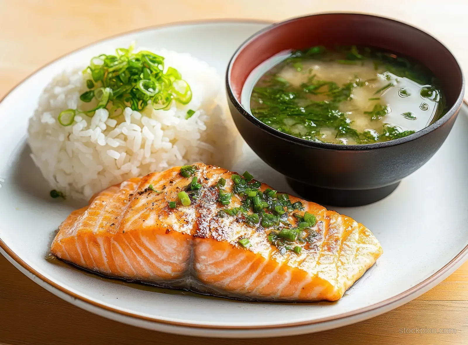 Grilled salmon with green onions is served with white rice and clear miso soup on a white plate.