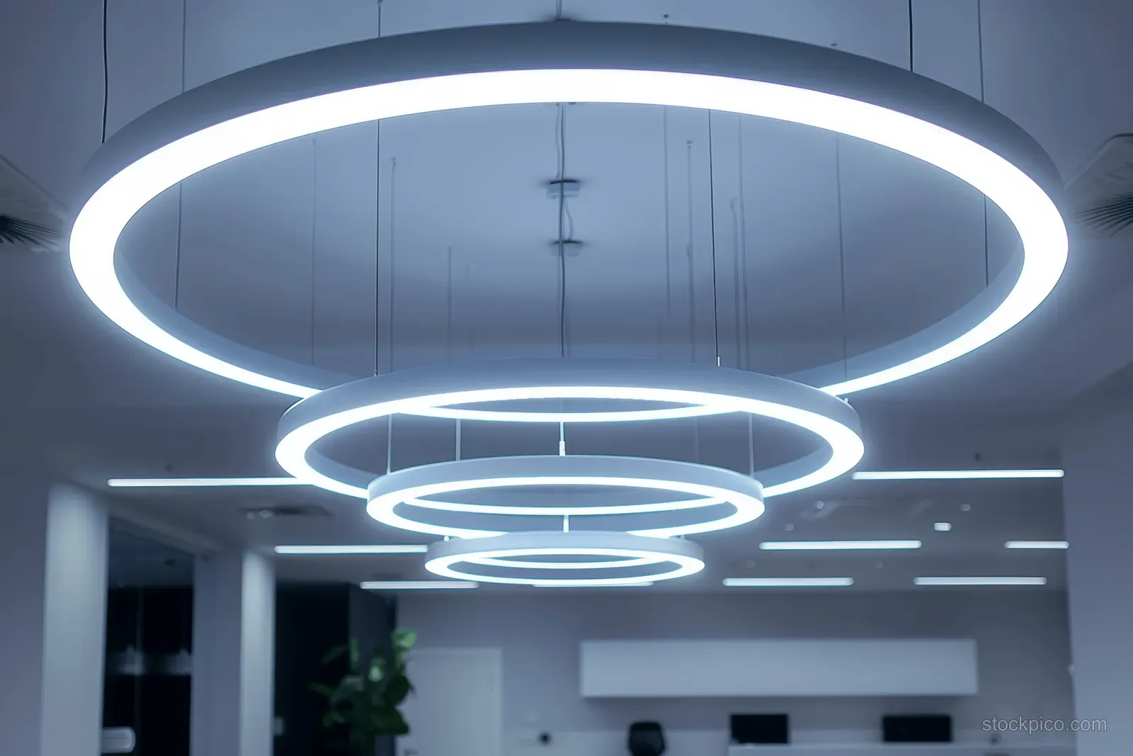 White LED ring lights hang from an office ceiling, forming glowing circles in a minimalist room.